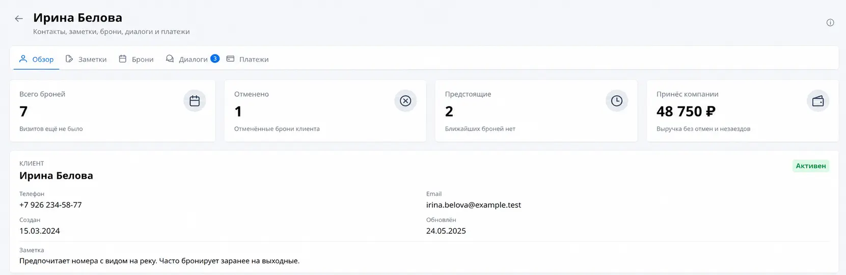 Обзор карточки активного клиента