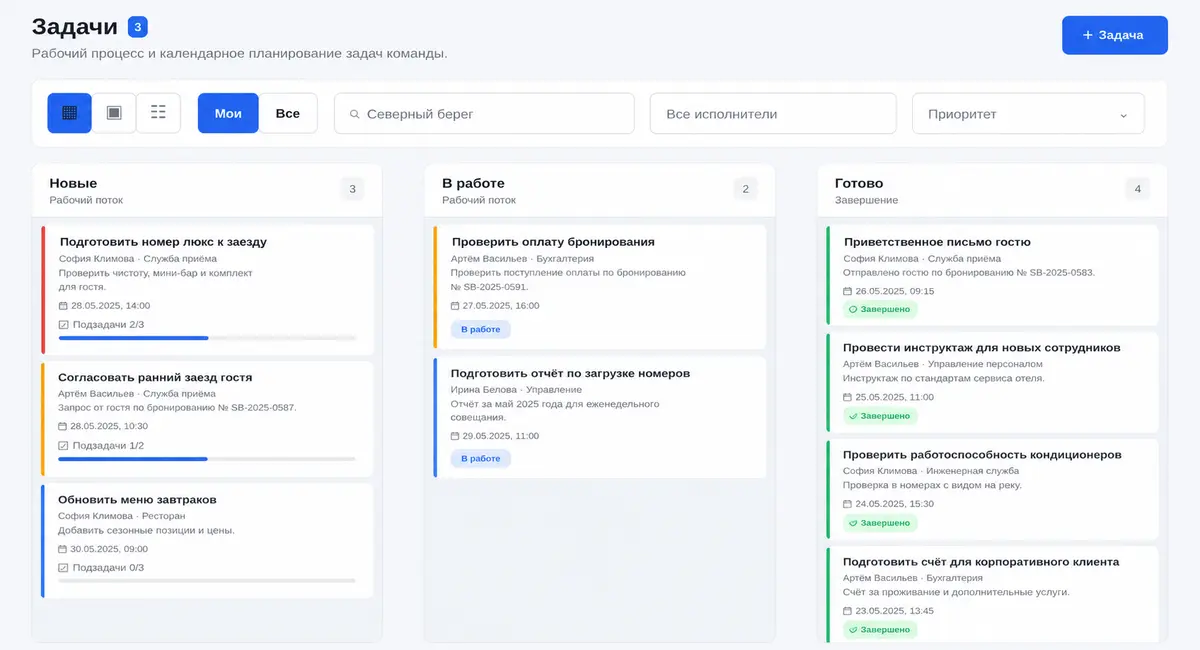 Канбан задач с фильтрами и карточками в рабочих колонках